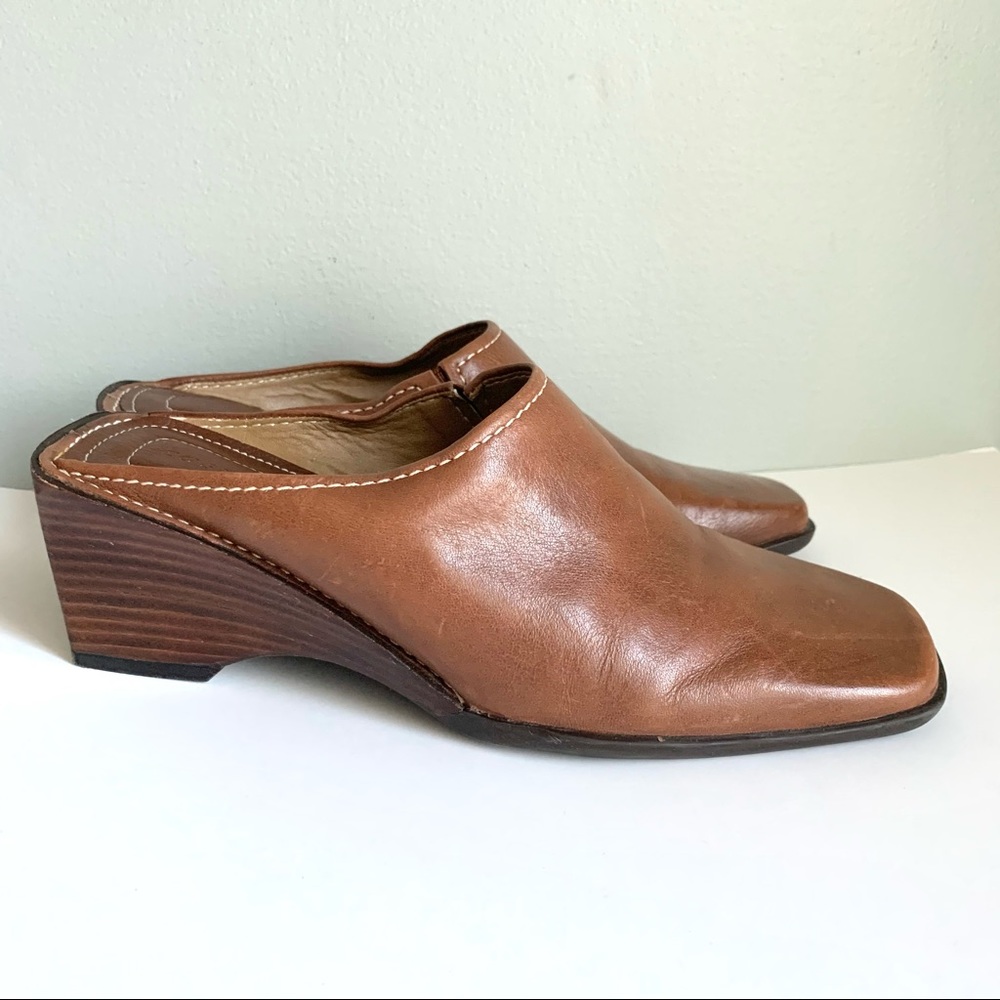 Easy Spirit Leather Mules Brown Wedge 6.5